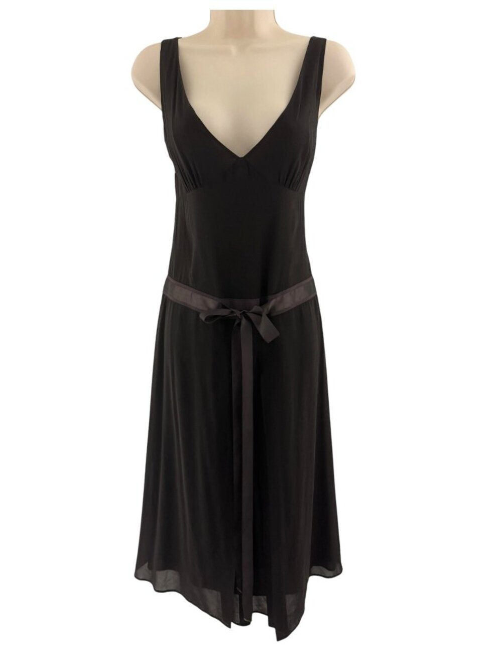Theory Vintage Chocolate Brown Silk Blend Waist Midi Dress Satin Tie Size 8